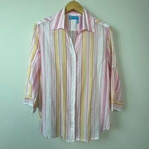 Fresh Produce Striped Button Down Women L Pink Yellow Roll-Tab Coastal Summer